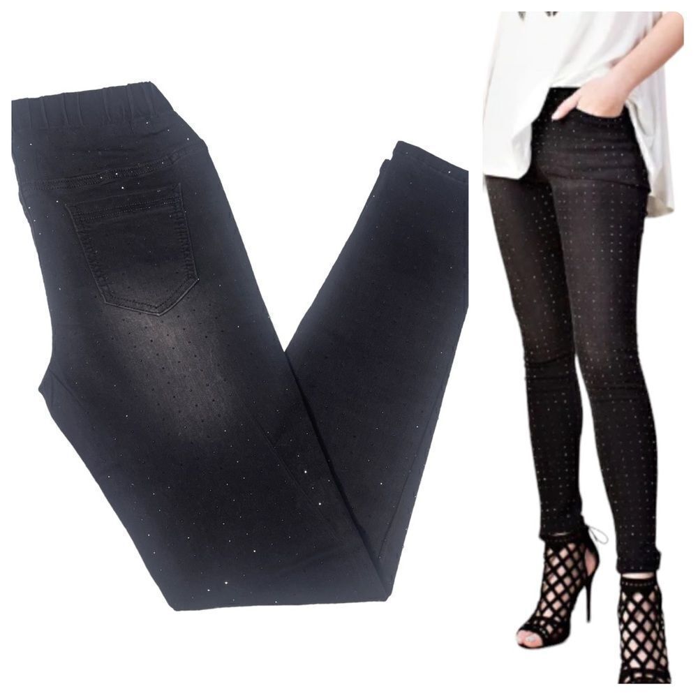 NWT VOCAL Boutique Women’s Jeans Elastic Waist‎ All Over Rhinestones Studded